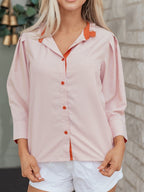 Stripe Color Block Patchwork Detail Frilled Collar Button Down Shirt