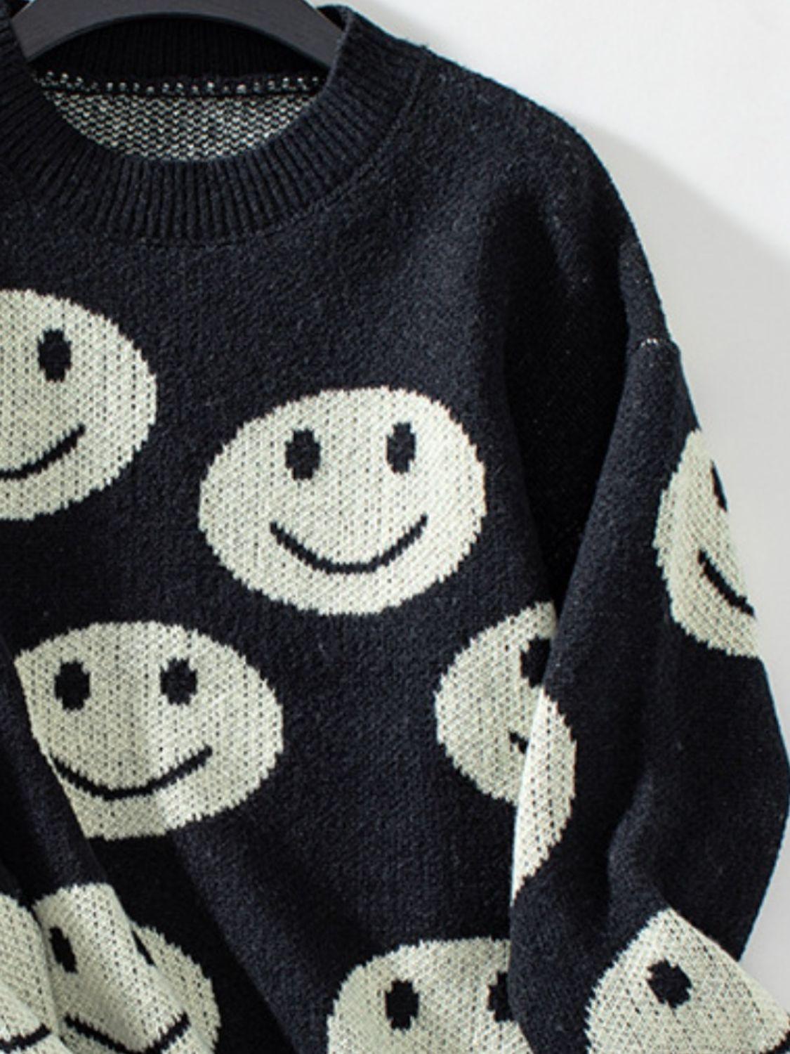 Sweater Smile Pattern Round Neck Long Sleeve Knitwear 6413f32e-4460-4cc3-9ad6-cdda81753bd2-Max Trendsi
