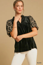 Umgee Blouse Black Velvet Embroidered Short Puff Sleeve Top Black 6416648e-dc4a-48fb-b09d-a44f6e93df52-Max-Origin Trendsi