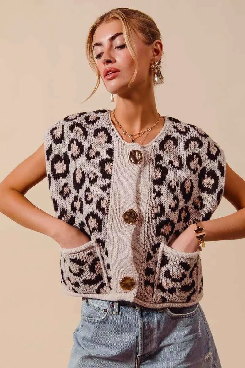 SO ME Big Metal Button Front Leopard Sweater Vest Top