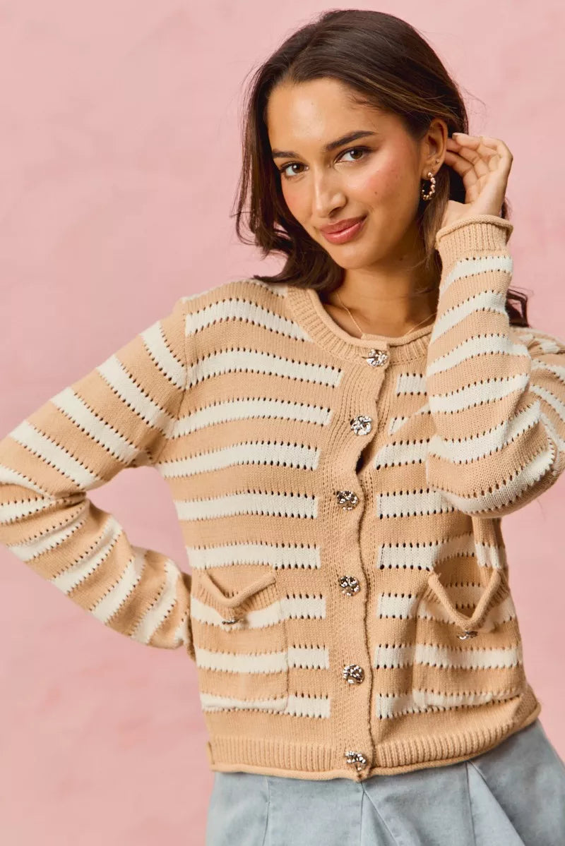 SO ME Women Sweater Cardigan Stripe White Beige Long Sleeves Buttoned 641c4bfbedc445e2b8cdb63df7a8828a-Max-Origin Trendsi