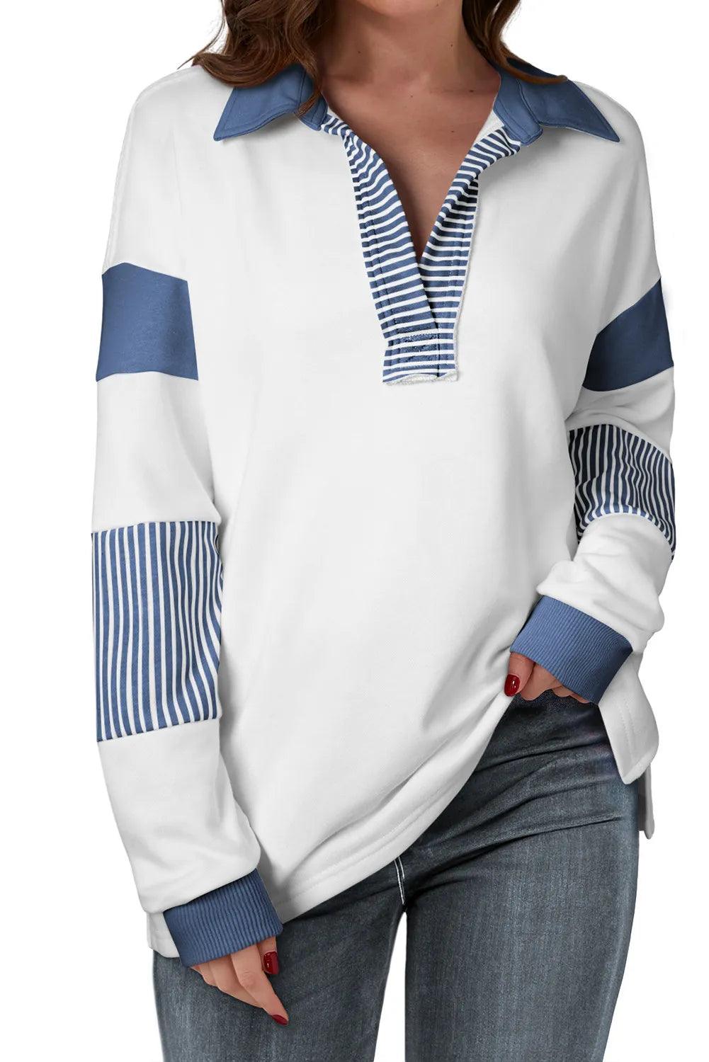 Collared Sweatshirt Striped V Neck Long Sleeve Top Peacock Blue S 642309ca-c679-4fa7-8e50-5e3b33d1c46e-Max_d015b768-2c9f-493d-b7b2-a8c2f0b135ba Trendsi