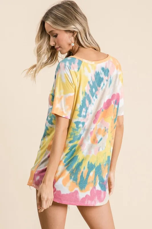 BiBi Tie Dye Print Short Sleeve T-Shirt with Raglan Sleeves 643328c167294ea99aa463307fd2d287-Max-Origin Trendsi