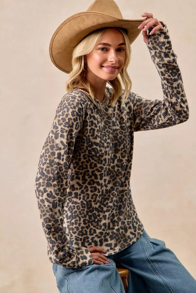 BiBi Womens T-shirt Leopard Print Washed Waffle Thermal Top 6434e2f699d74e0688be74d6ebad131a-Max-Origin Trendsi