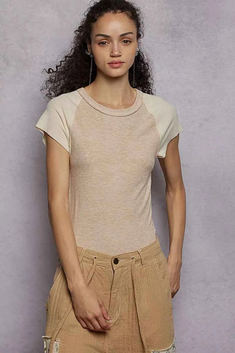 POL Outseam Detail Ribbed T-Shirt with Contrast Color Sleeves