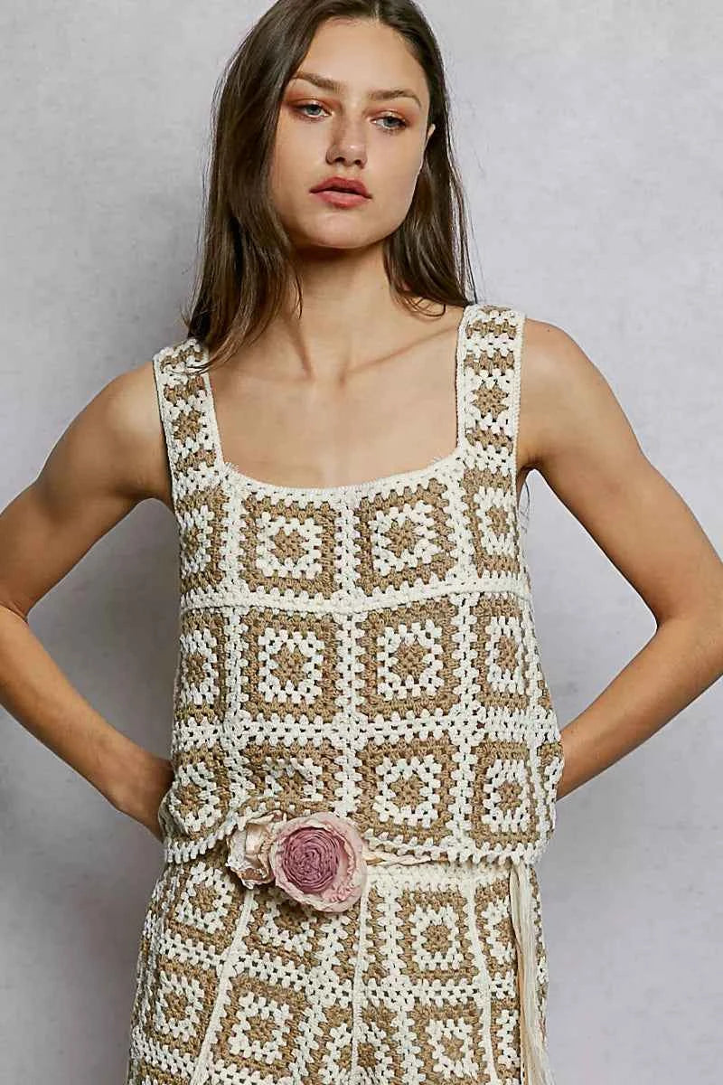 POL Openwork Square Neck Cropped Crochet Tank with Granny Square Weave