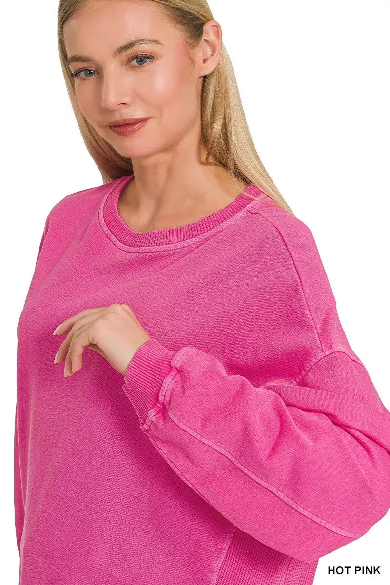 Zenana Womens Sweatshirt Hot Pink French Terry Pigment Dye & Enzyme Wash 644c55832cbe408dbc1057689e717ef9-Max-Origin Trendsi