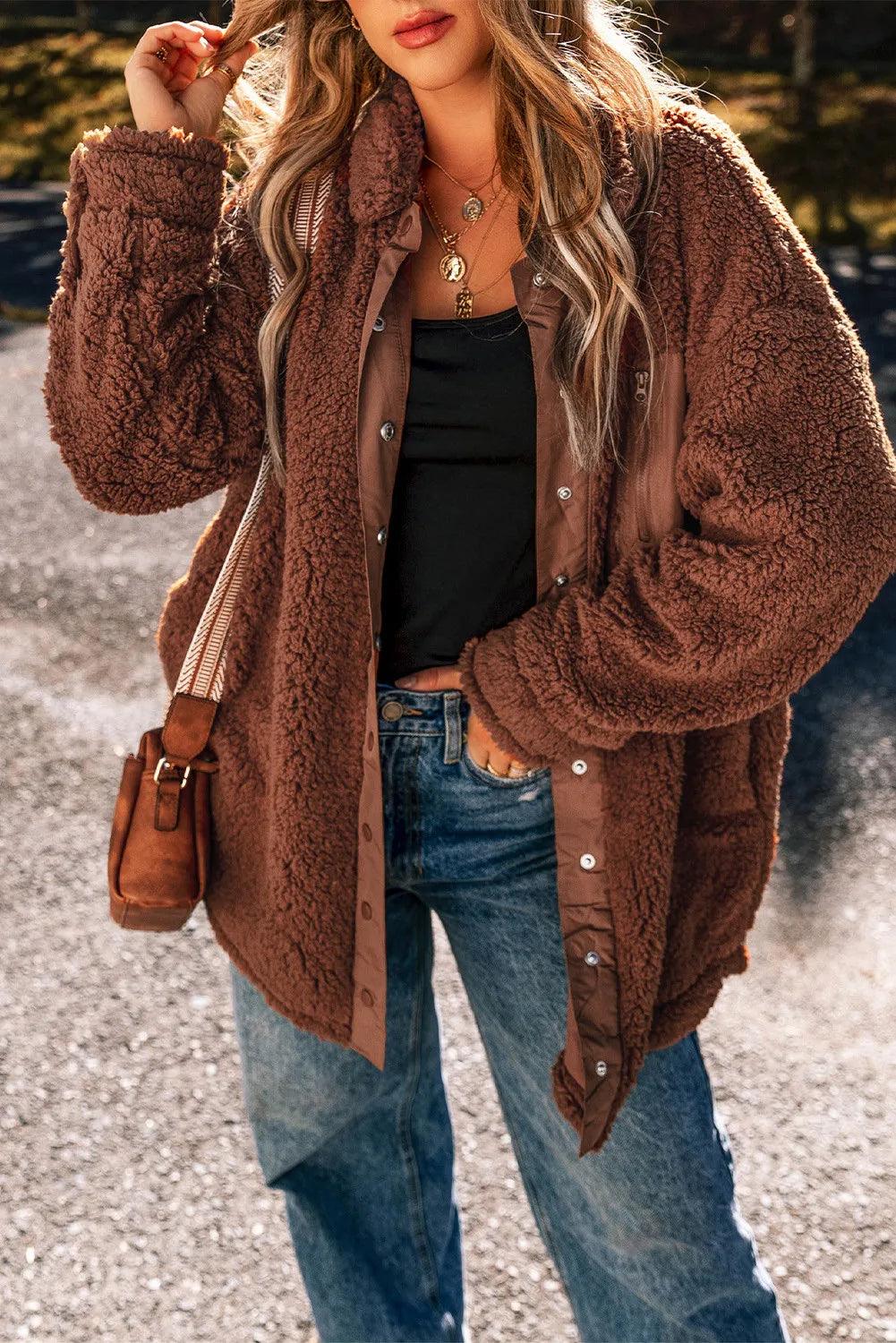 Fuzzy Jacket Snap Down Dropped Shoulder Long Sleeve Outwear