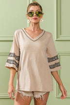 BiBi Cotton T-shirt Triblend Knit with Leopard Short Sleeve Band Detail Top OATMEAL 6452ea5959d84f97b2cc776de0ce1333-Max-Origin Trendsi