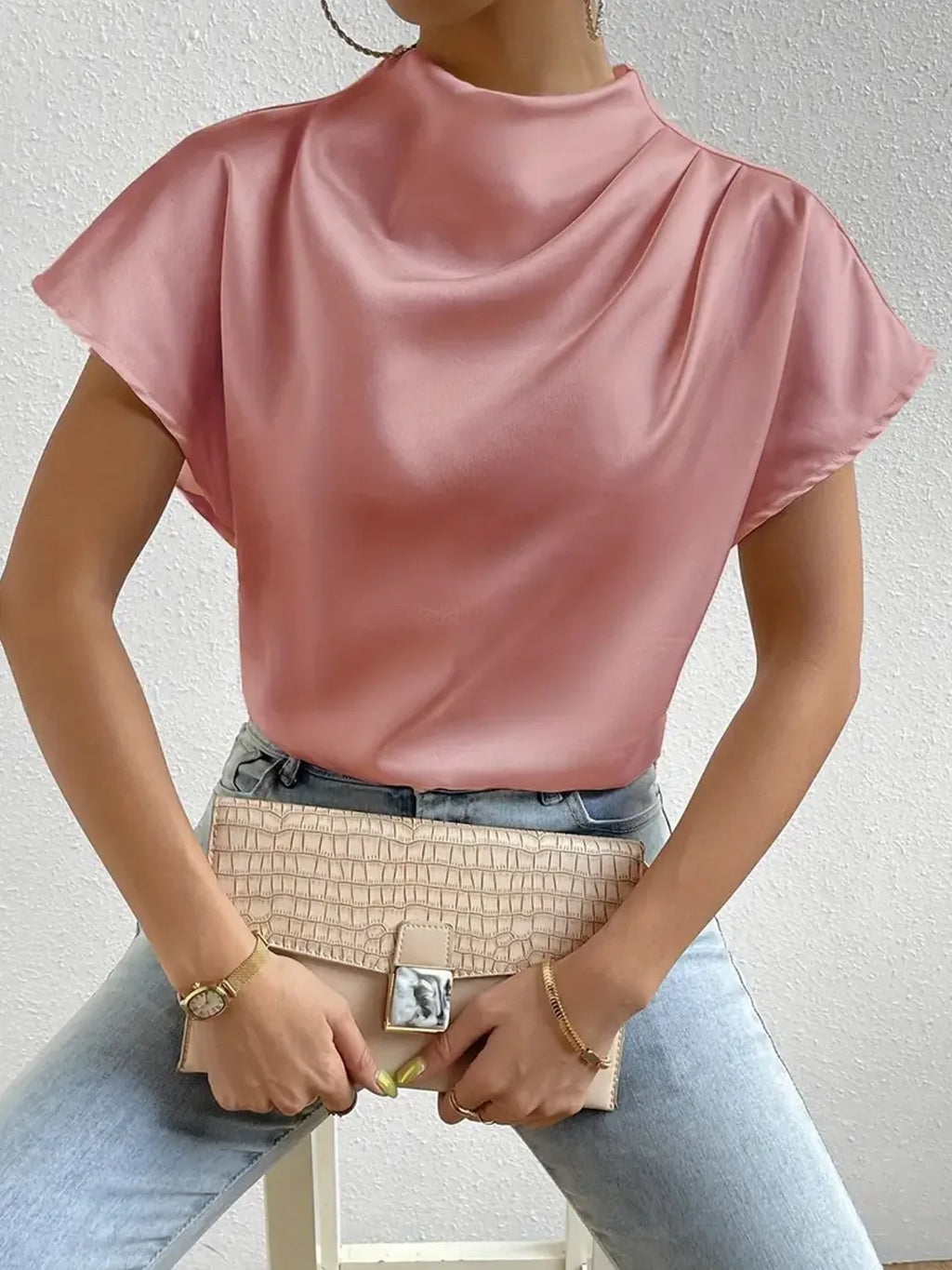 Satin Blouse Mock Neck Pleated Short Sleeve Basic Style Top 645f8365-67f4-410b-927e-af238b8e8238-Max-Origin Trendsi