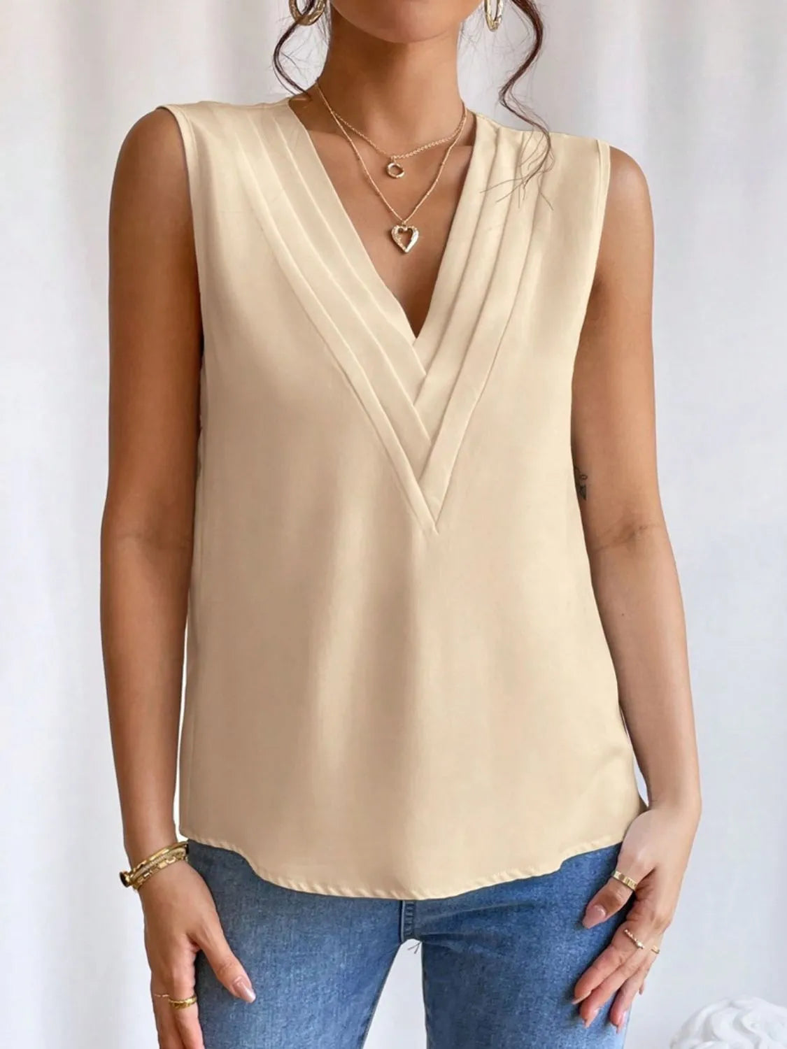 Cami Tank Top Women's V-Neck Pleated Sleeveless Elegant Blouse Tan 64633291-ea93-43f1-af00-e15facedb326-Max-Origin Trendsi