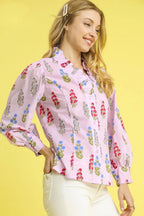 Umgee Women's Shirt Floral Blush Pink Lantern Sleeve Ruffle V Neck Top 64645c98-9089-48c2-a0bb-6dfa5642897a-Max-Origin Trendsi