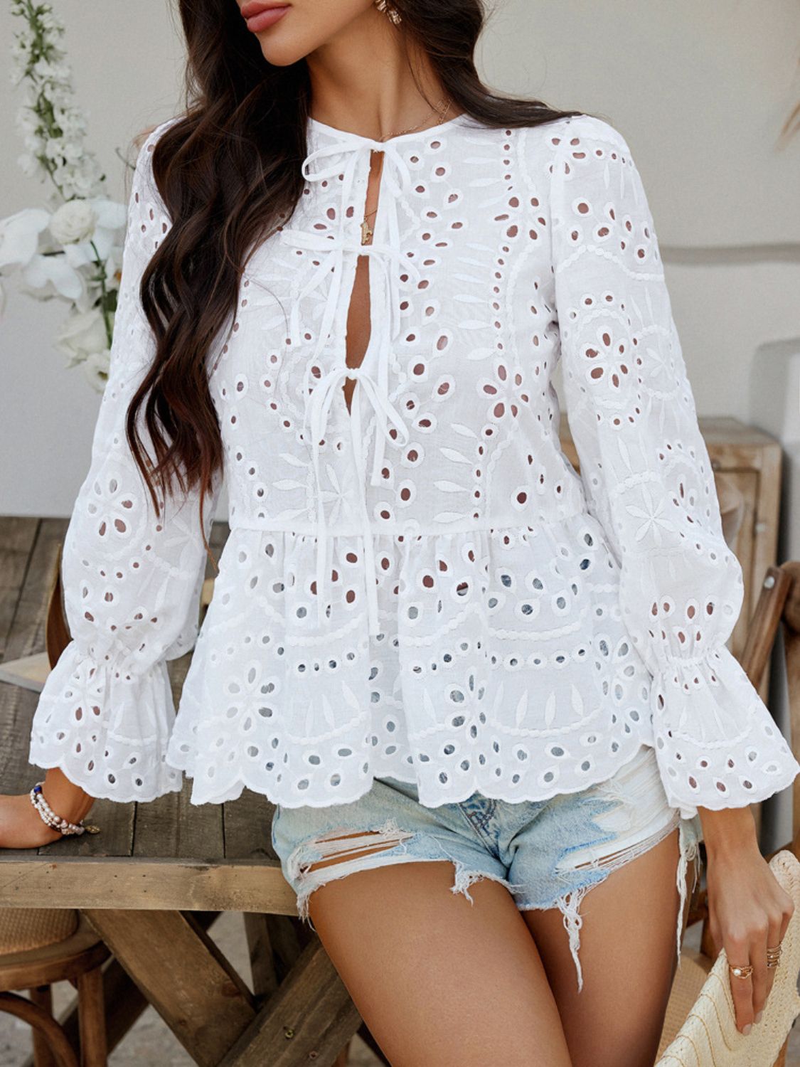 Crochet Blouse Ruffle Tie Front Flounce Long Sleeve Peplum Cut Out Embroidered 646c6b97-c87a-4d15-9fb4-737bbd37d9bb-Max Trendsi