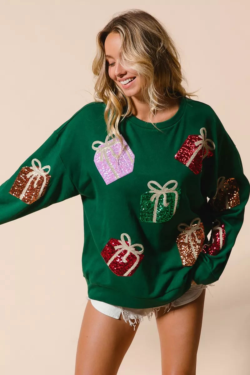 BiBi Pullover Sequin Christmas Gift Box Embroideries Green Womens Sweater 646dddfe3caf432ab0112d785b89b6af-Max-Origin Trendsi