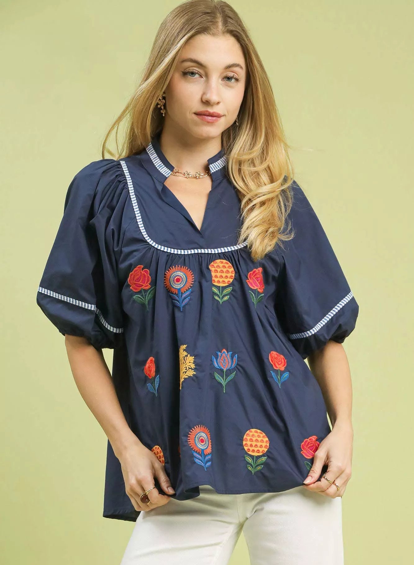 Umgee Womens Blouse Navy Floral Embroidered Puff Short Sleeve Top NAVY 647cf3b5-f495-434c-9b42-a756d49a7e04-Max-Origin Trendsi