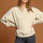 Umgee USA Ecru Sweatshirt Johnny Collar Long Sleeve Casual Basic Top 648e6aa0-38e8-4442-9190-9efbf0448214-Max Trendsi