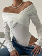 Bodysuit White Off-Shoulder Ruched Long Sleeve Jumpsuit White 649537b36bb6470892062bbb28f04da7-Max-Origin Trendsi
