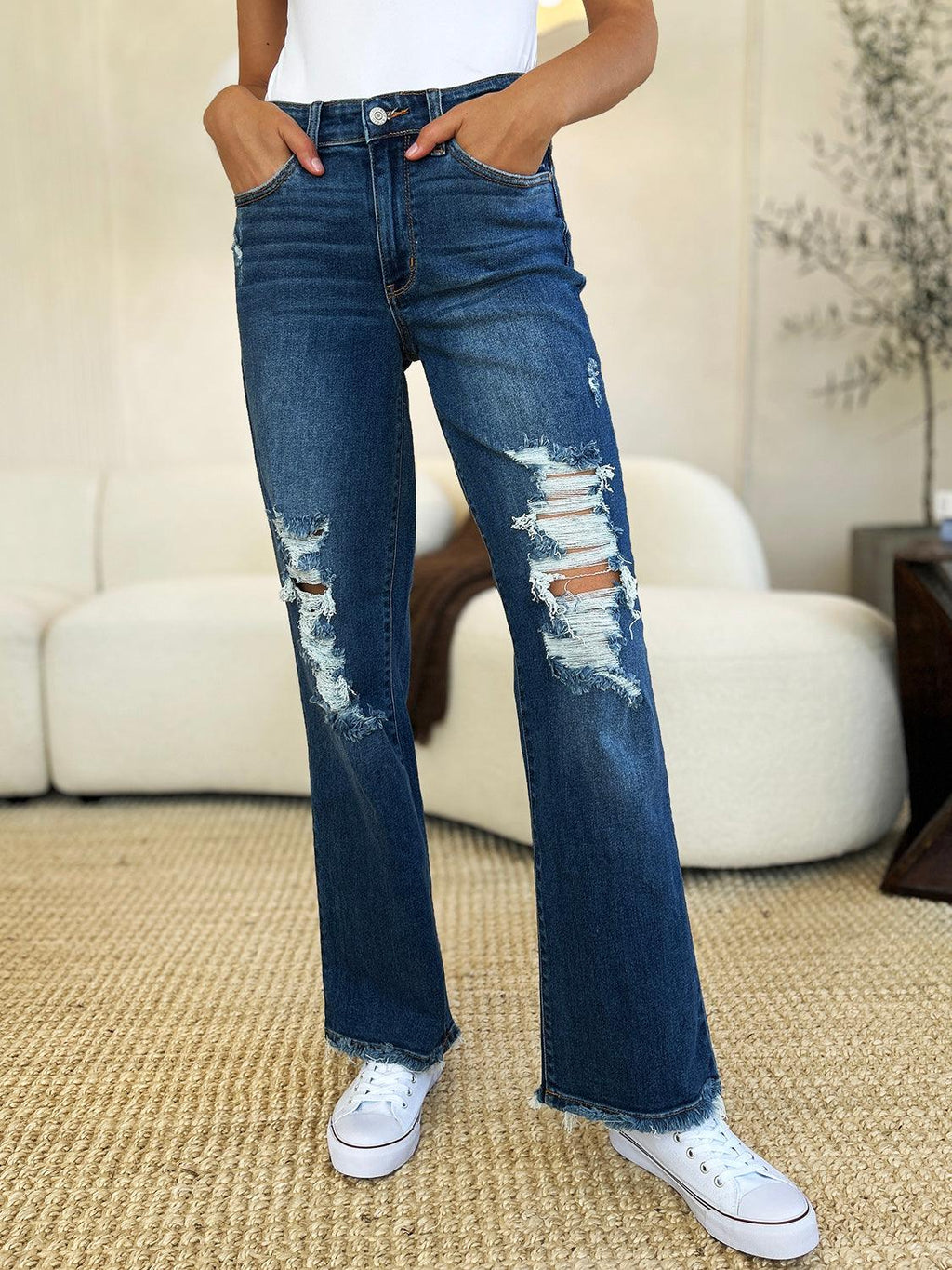 Denim Pants Judy Blue Plus Size Mid Rise Distressed Raw Hem Jeans 64969d2d-040e-440b-ae1f-1f8c9f0387f2-Max Trendsi