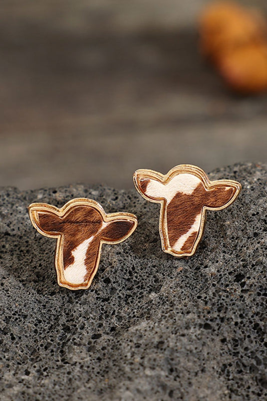 Stud Earrings PU Leather Bull Head Shape Brown Alloy Women Fashion Jewelry