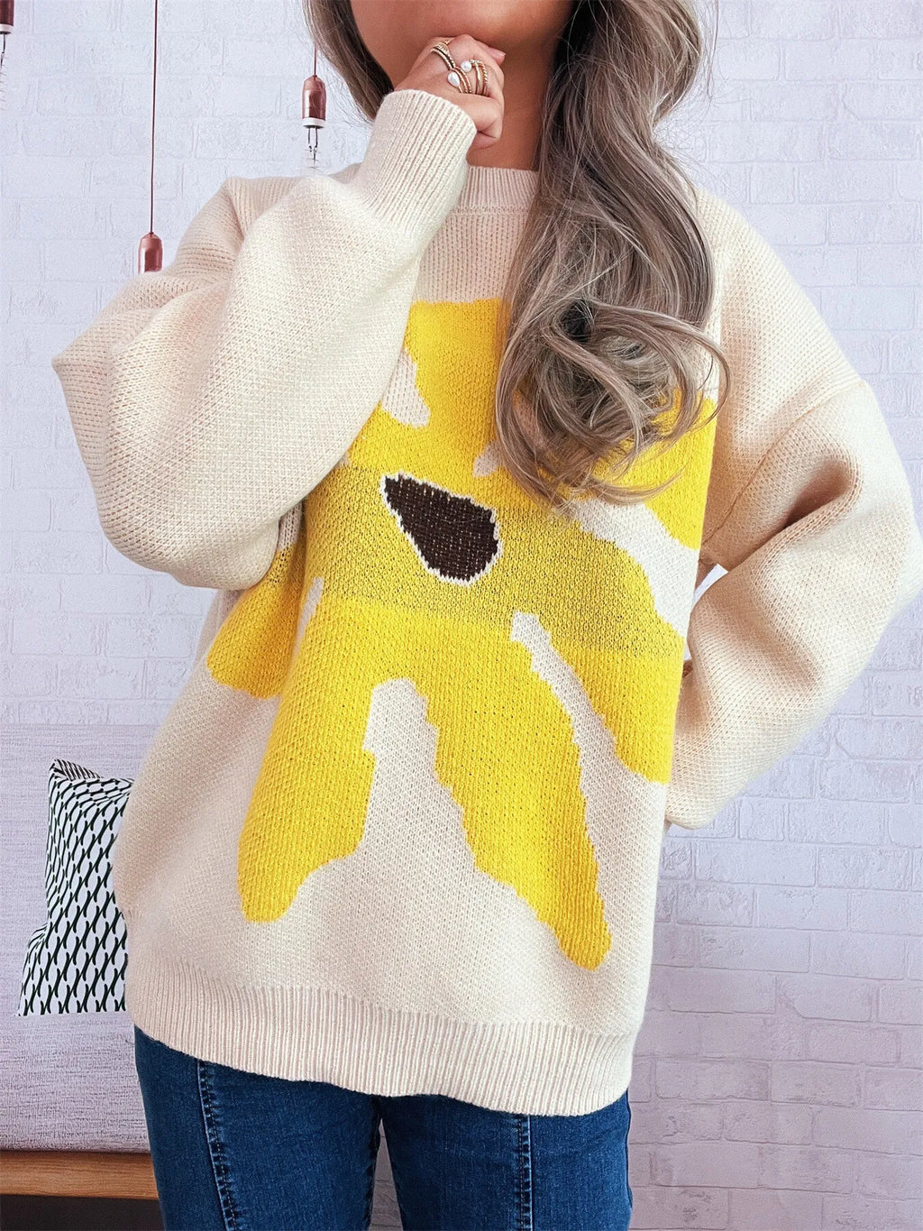 Women's Sweater Flower Dropped Shoulder Knit Long Sleeve Pullover 649991dad7fb485886b003fd6957ac5e-Max-Origin Trendsi