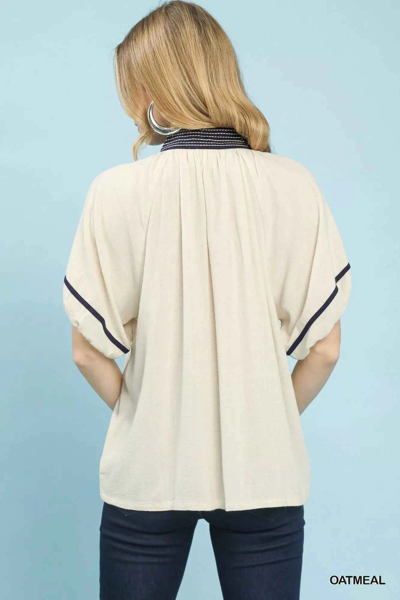 Umgee Linen Blouse Beige Puff Short Sleeve Contrast Trim Top 64a7f7e8-cbf4-4758-8de7-b2ff11b2f1c3-Max-Origin Trendsi