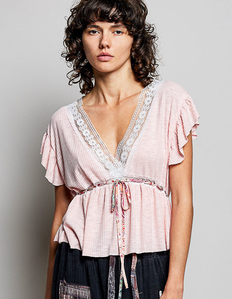POL Tied Ruffled V-Neck Short Sleeve Blouse with Lace Detail