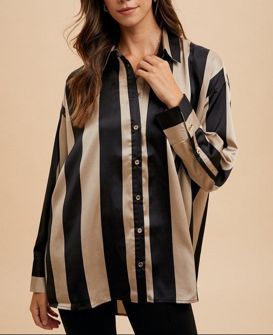 Annie Wear USA Women Striped Shirt Button Up Long Sleeve Collared Blouse