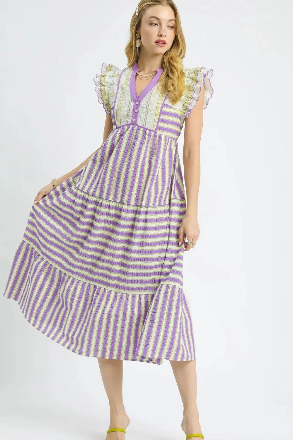 Umgee Midi Dress Cotton Purple Striped Ruffle Cap Short Sleeve Tiered 64b4bc52-6ec4-40b0-aee2-cd9030015c7f-Max-Origin Trendsi
