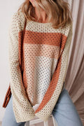 Sweater Openwork Color Block Long Sleeve Women's Long Sleeve Knit Top Beige 64b5bf66-ea21-4058-b0fb-3648a113f0fc-Min Trendsi