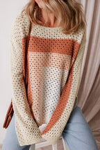 Sweater Openwork Color Block Long Sleeve Women's Long Sleeve Knit Top Beige 64b5bf66-ea21-4058-b0fb-3648a113f0fc-Min Trendsi