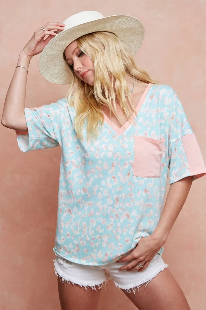 BiBi T-Shirt Mint Pink Multi Color Leopard Printed French Terry Pocketed Top 64cb90f7becb48eca94bb358955773b9-Max-Origin Trendsi