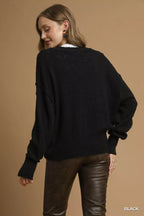 Umgee Womens Knit Cardigan Black Button-Front V-Neck Oversized 64cf2718-aed1-40e6-83c0-4345181c56f2-Max-Origin Trendsi
