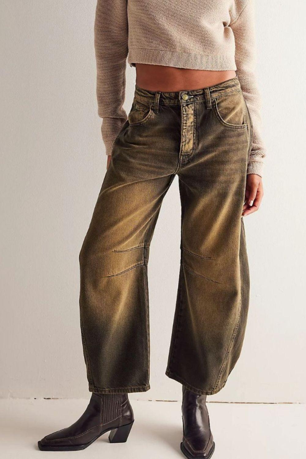Wide Leg Jeans with Pockets Casual Denim Loose Pants Olive Brown 64d0c6df-5e5f-41df-b715-c5bbbb5b7072-Max Trendsi