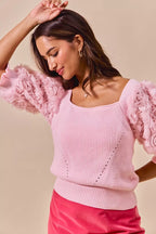 SO ME Rosette Sleeves Blouse Square Neck Sweater Knit Top Light Pink 64d797f4-c5be-4849-a288-16542ec3f53e-Max-Origin Trendsi