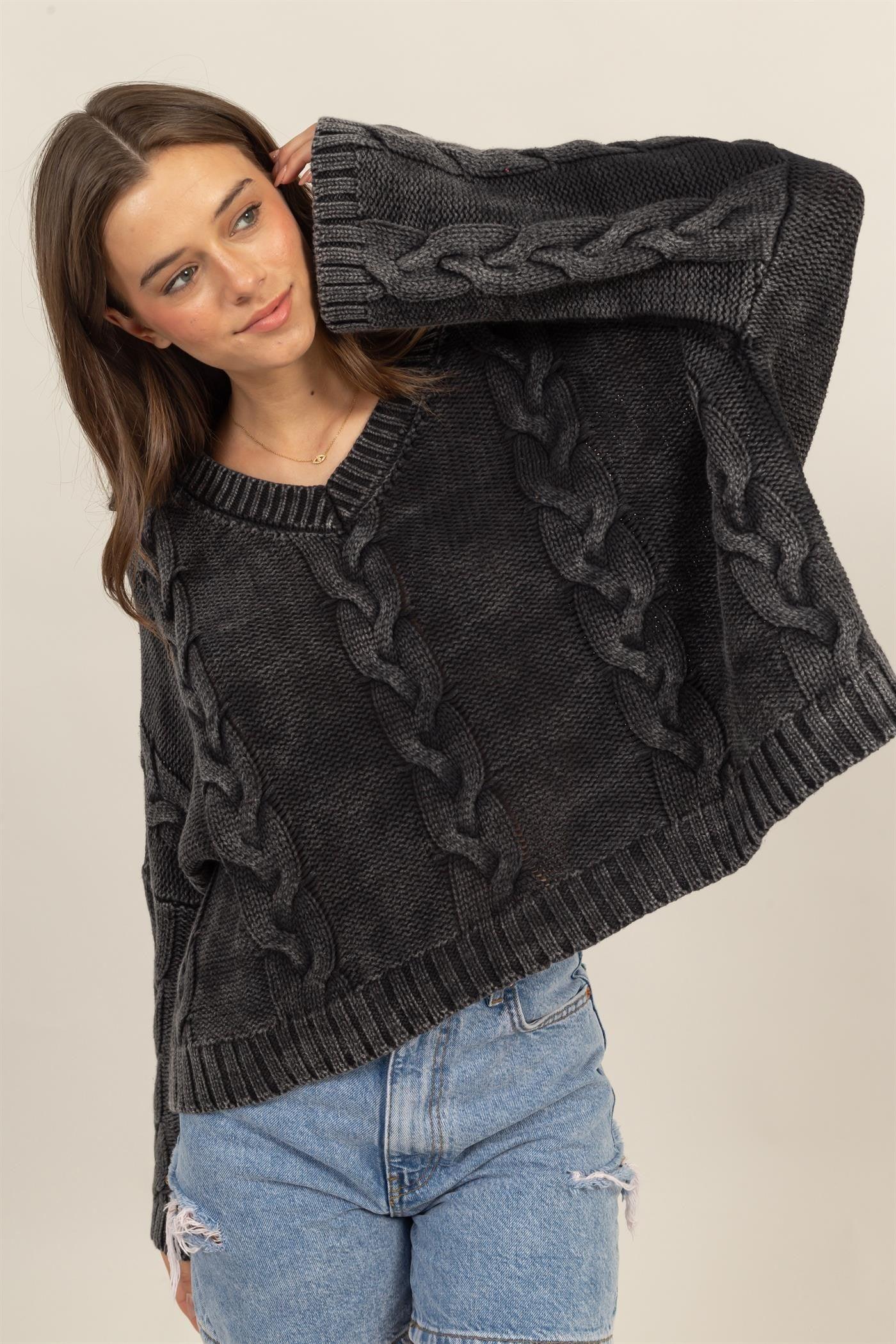 HYFVE Cable Knit Sweater Oversized V-Neck Long Sleeve Charcoal 64e15d68-026a-4cdc-9942-91ac3be7c15b-Max Trendsi
