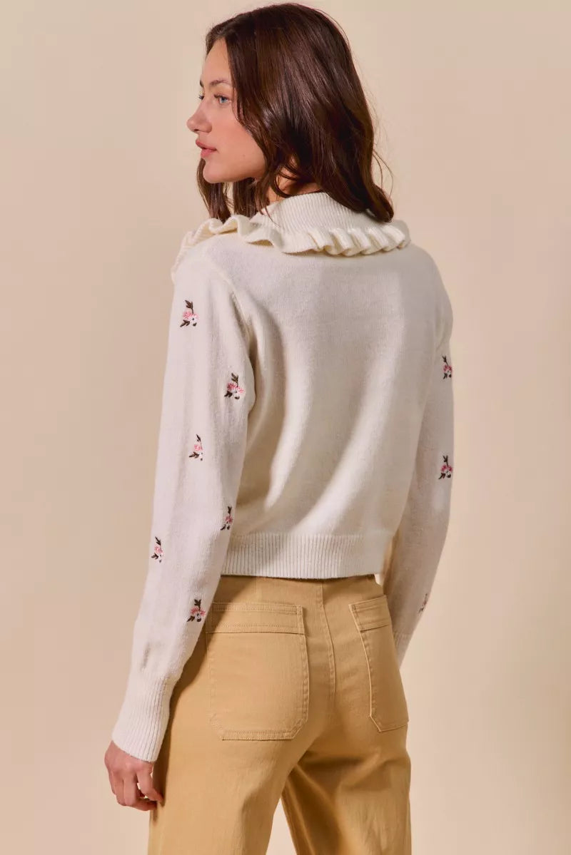 SO ME Women's Cardigan Cream Floral Embroidered Collared Long Sleeve Sweater 64e2b4b5503842d1973cc2f535b82d9a-Max-Origin Trendsi
