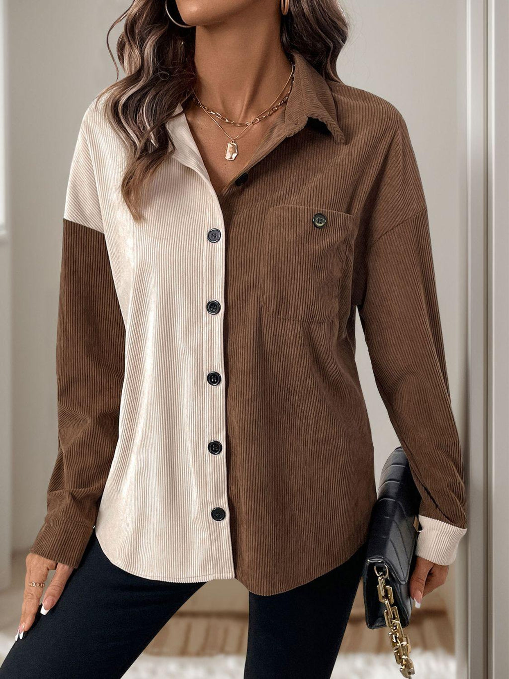 Perfee Pocketed Contrast Collared Neck Long Sleeve Shirt Coffee Brown 64e81c0d-48d8-48c1-9819-b3787d691168-Max Trendsi