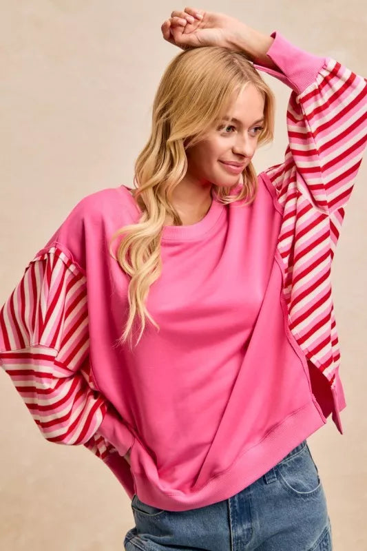 BiBi Women Sweatshirt Pink French Terry Red Stripe Combo with Open Seam Top 64ef48036f5c495aa27d4c82329dfa34-Max-Origin Trendsi