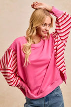 BiBi Women Sweatshirt Pink French Terry Red Stripe Combo with Open Seam Top 64ef48036f5c495aa27d4c82329dfa34-Max-Origin Trendsi