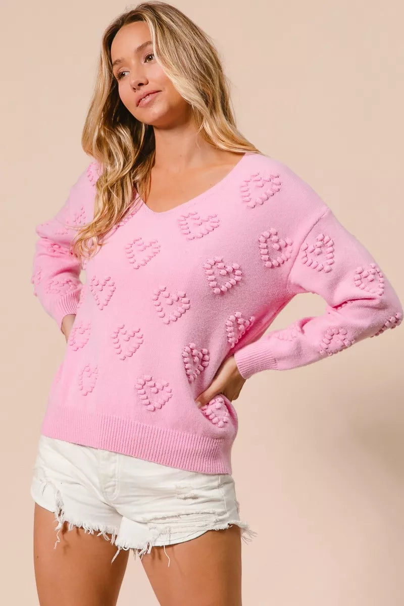 BiBi Women's Knit Top Pink Valentines Heart Pompom V Neck 64ef55ab0f0a46afad9983f20df2699b-Max-Origin Trendsi