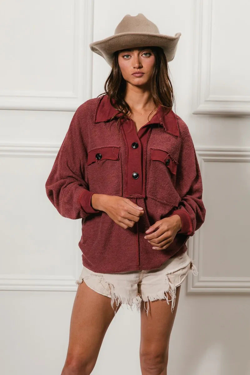 BiBi Women's Collared Top Cp French Terry Cut Edge Detail Pocketed 65002bca04f44ef8897f8ed35878bf28-Max-Origin Trendsi