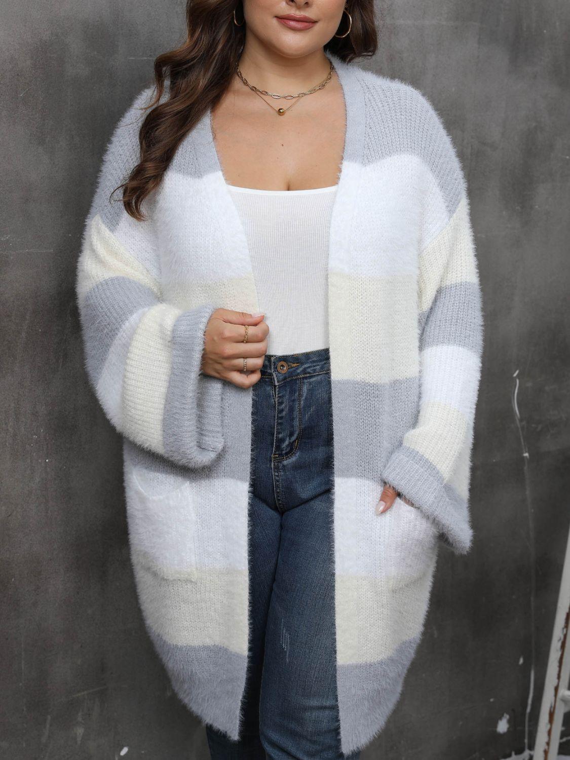 Plus Size Cardigan Striped Open Front Long Sleeve Knitwear 6505ef11-6077-4701-b57b-704b348f1ab8-Max Trendsi