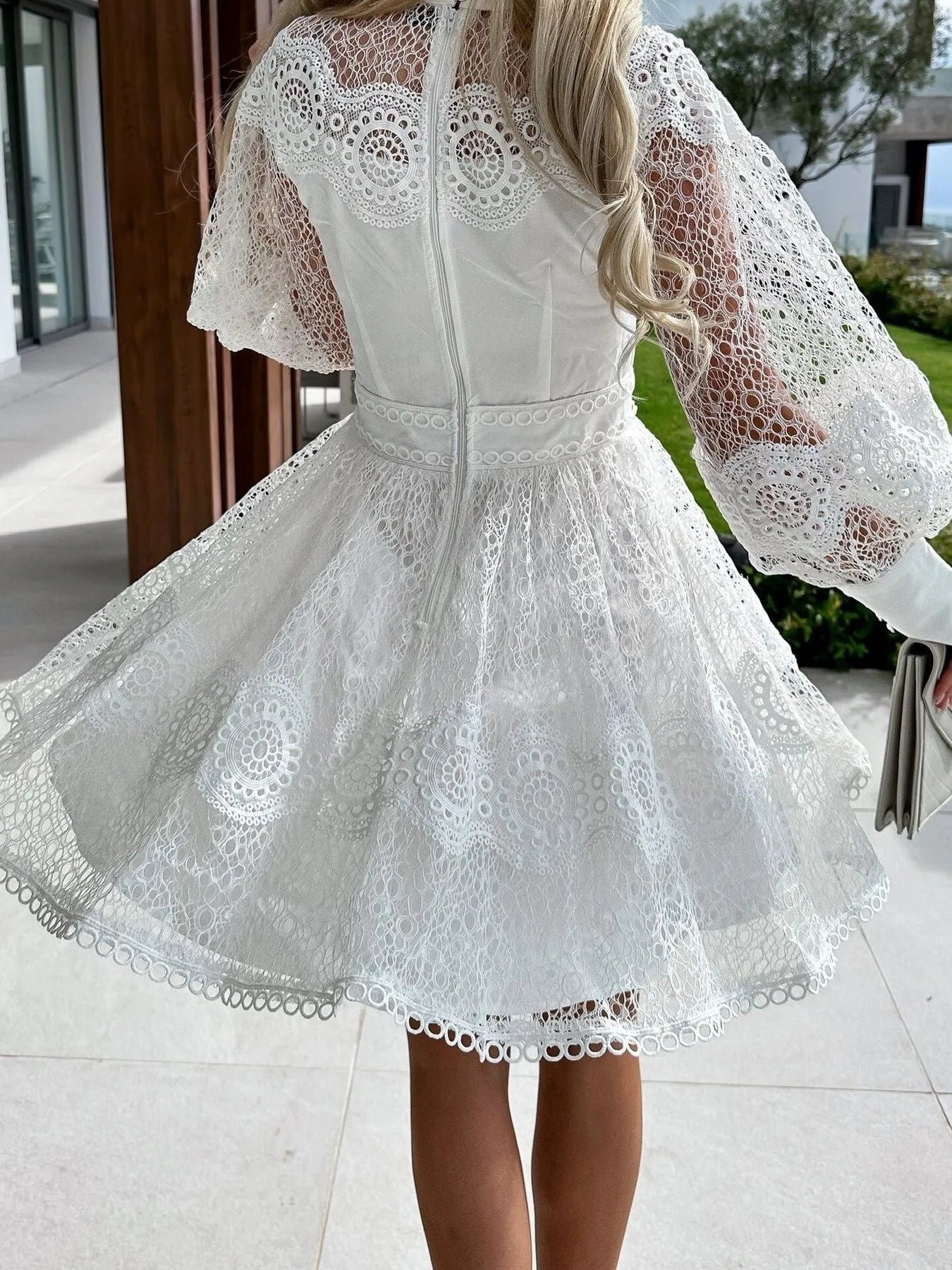 Mini Dress Floral Lace Lantern Long Sleeve Pearl Button High Neck Ruffled 6507a7d8-9194-470f-b965-7afd194c3ce3-Max-Origin Trendsi