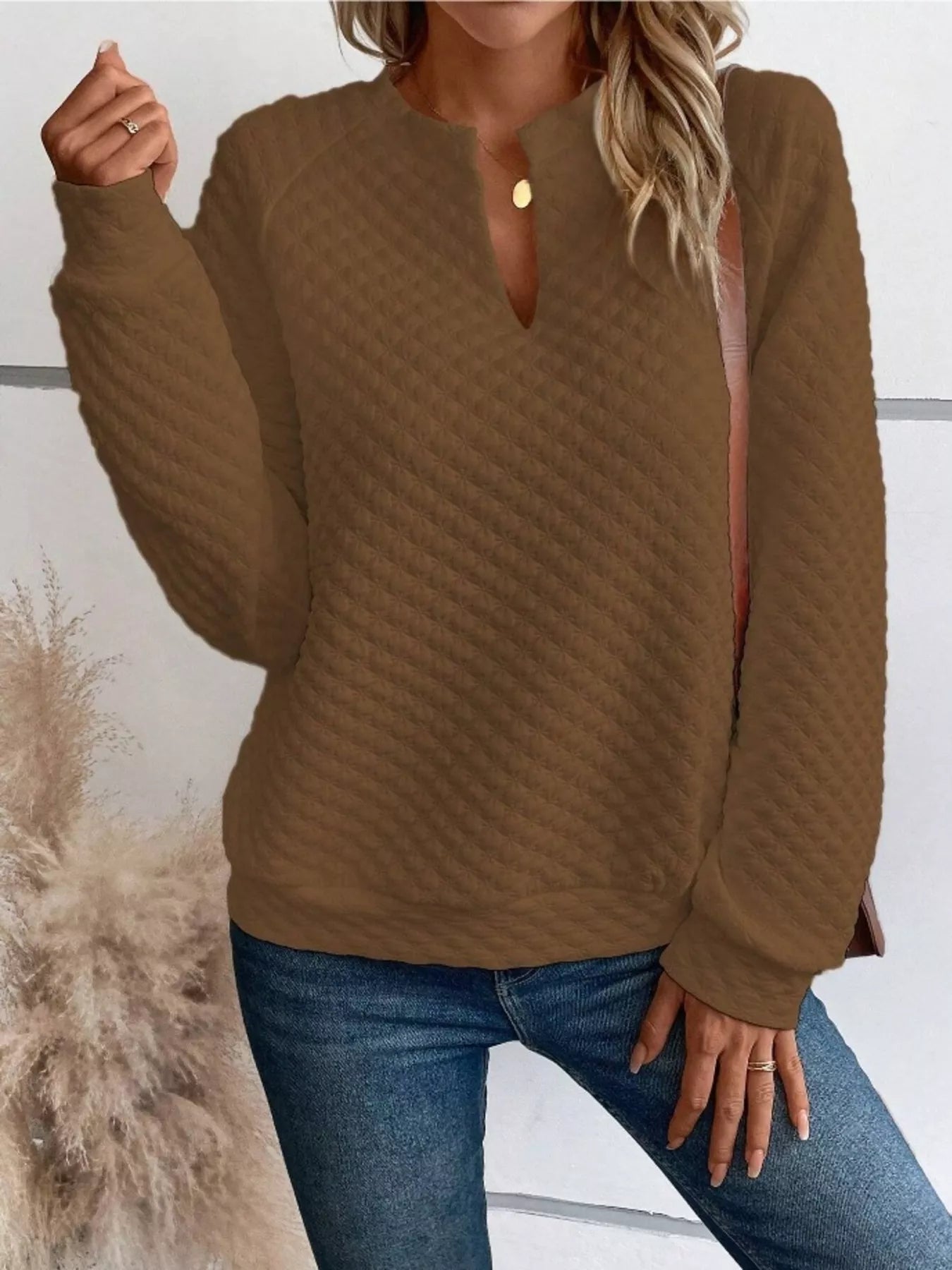 Women's Sweatshirt Textured Notched Raglan Long Sleeve Top 650b3e16668d478daa5d1793096f4d43-Max-Origin Trendsi