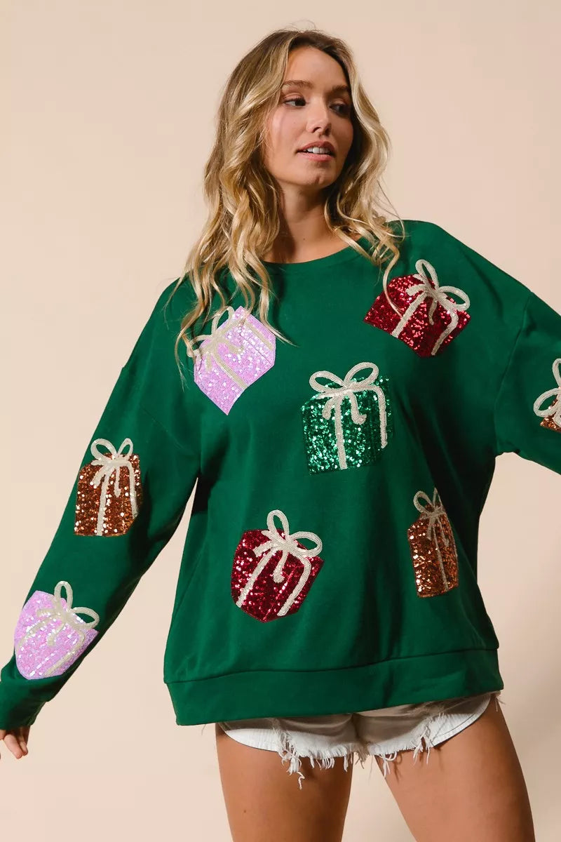 BiBi Pullover Sequin Christmas Gift Box Embroideries Green Womens Sweater 650f5fbe1ec34e3a91b75c57e9a6de3b-Max-Origin Trendsi