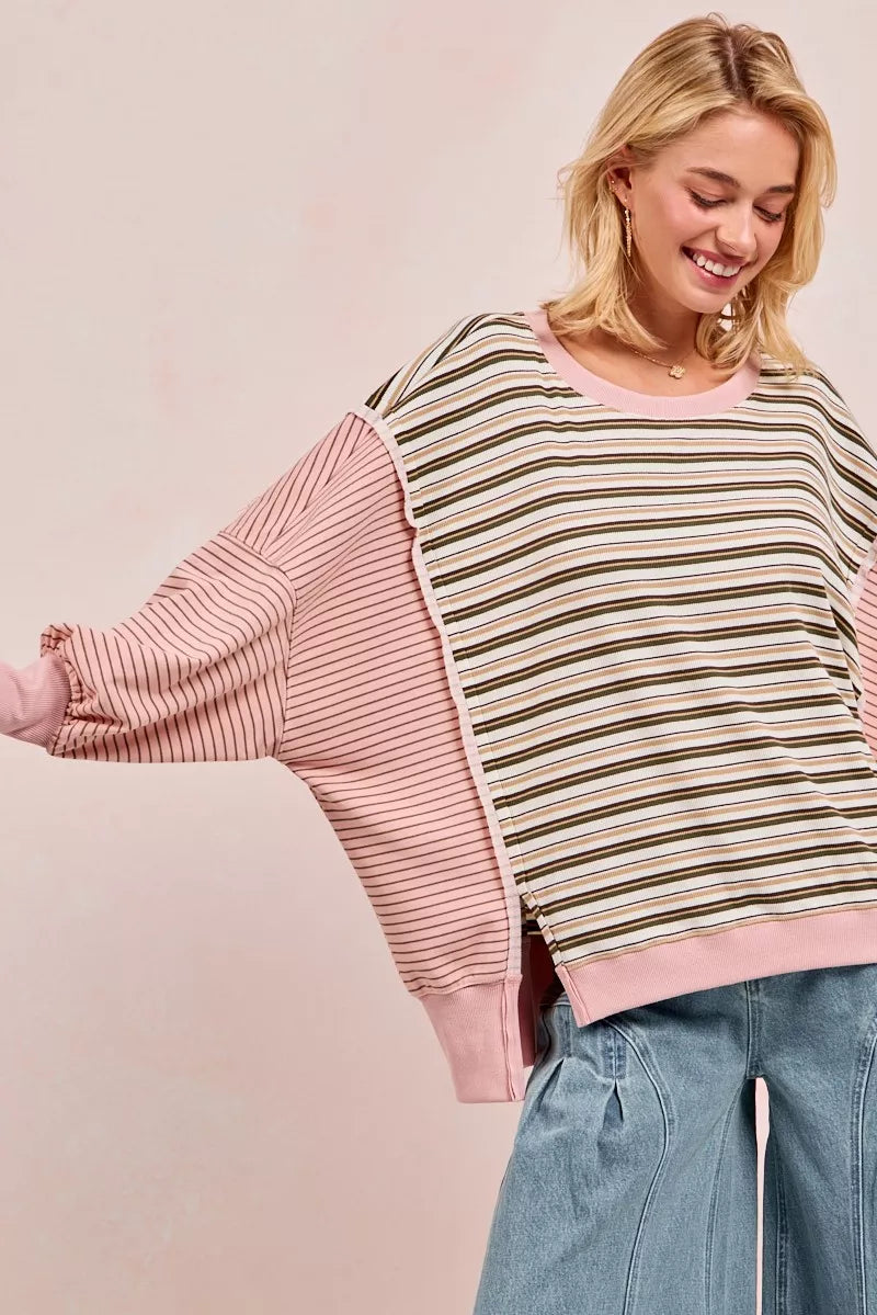 BiBi Womens Sweatshirt Stripe Mixed Top With Cut Edge And Reverse Outseam 6520e01db86d4356b4b24fdbfe5eb7db-Max-Origin Trendsi