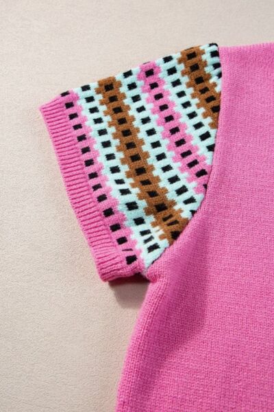 Women Knit Top Fuchsia Pink Contrast Check Short Sleeve Round Neck 652fe8e8-f3b8-4e3b-b52a-6c6113fdb791-Min Trendsi