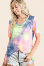 BiBi Tie Dye Print Womens T-shirt Low Gauge Deep U Neck Top BLUE N.YELLOW 653324d0e480489e92248590ad7333d1-Max-Origin Trendsi