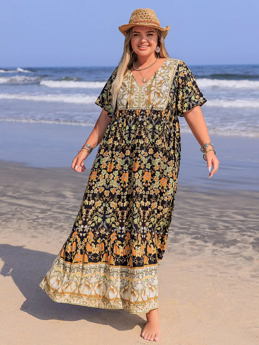 Plus Size Bohemian Floral Tiered Maxi Dress