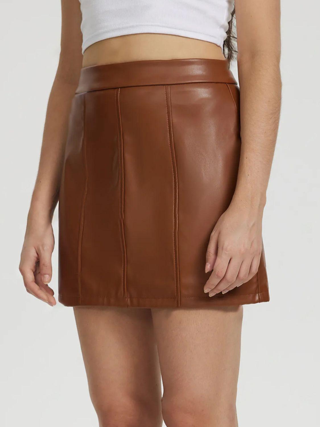 Mini Skirt Faux Leather Zipper A-Line Solid Basic Style 65356c05-132a-4fda-876c-242db66849a7-Max Trendsi